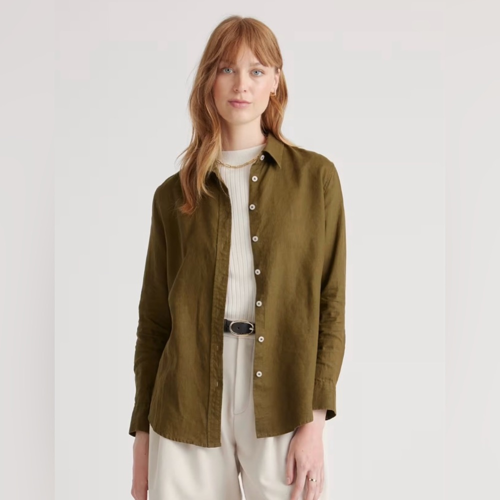Quince Olive Green Linen Button-Down | Green Button-Down Shirt | Linen Shirt